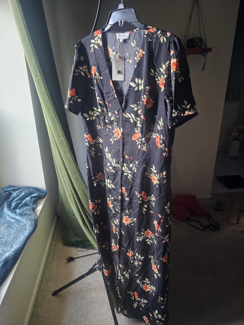 RIHOAS Black Maxi Dress with Orange Floral Print